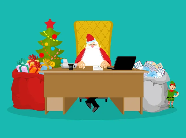 Santa munkát. Claus ellenőrzi a mail, a gyerekek. A bejövő nagy táska — Stock Vector