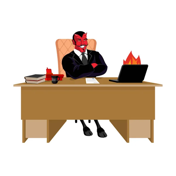Κόκκινο δαίμονα αφεντικό στο τραπέζι εργασίας. Ο Σατανάς αρχηγός κάθεται στο γραφείο. Dev — Διανυσματικό Αρχείο