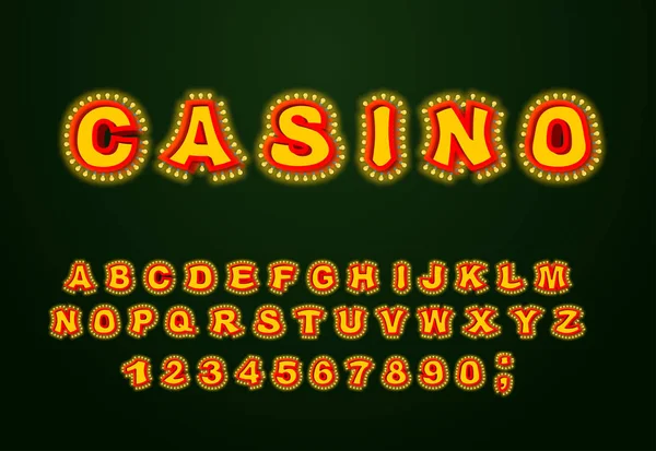 Fuente Casino. Letras brillantes de lámpara. Alfabeto retro con lámparas. Vi. — Vector de stock