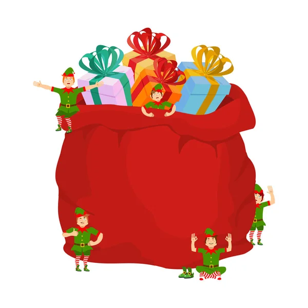 Bag Santa s dárky a vánoční skřítci. Červený pytel s hračkami a — Stockový vektor
