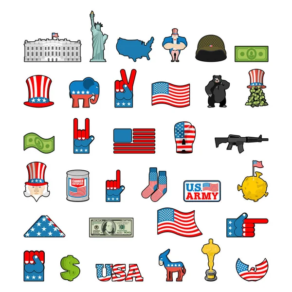 Zestaw ikon w Ameryce. Krajowy znak z Usa. Amerykańską flagę i pomnik — Wektor stockowy