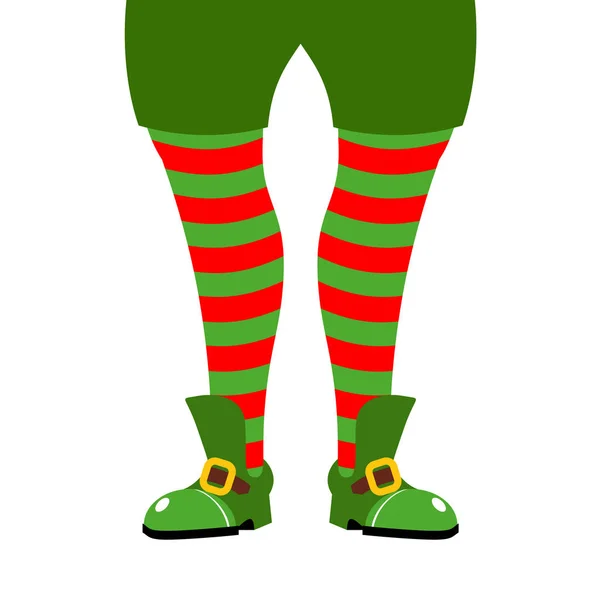 Πόδι ξωτικό των Χριστουγέννων. Ριγέ κάλτσες και παπούτσια πράσινο. Βοηθός — Διανυσματικό Αρχείο