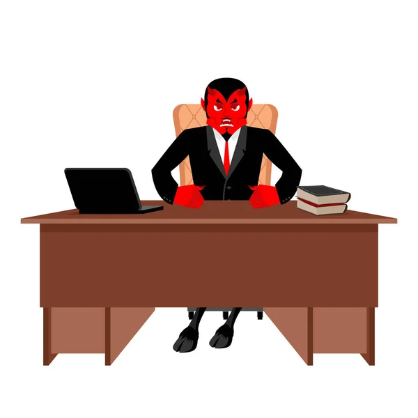 Diablo jefe sentado en la oficina. Diablo del lugar de trabajo. Demonio rojo en — Archivo Imágenes Vectoriales