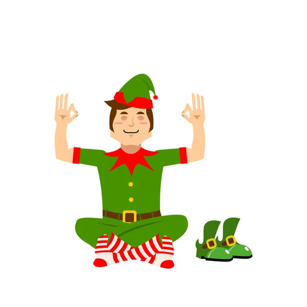 L'elfo di Natale medita. Yoga di Natale. Assistente di Babbo Natale loto — Vettoriale Stock