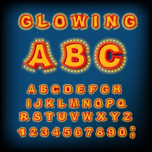 Gloeiende Abc. Licht lettertype. Retro alfabet met lampen. lettertype aanwijzer — Stockvector