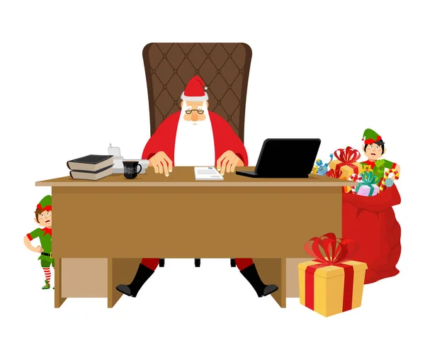 Oficina de Santa Claus. Trabajo de Navidad. Jefe de mesa y silla. Abuelo. — Vector de stock