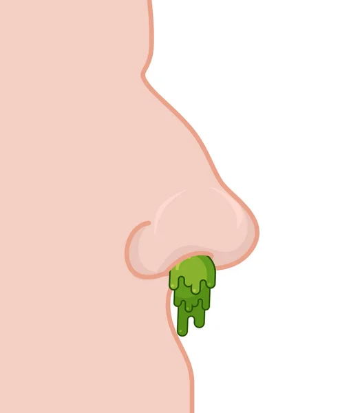 Booger nose. Green slime dripping from his nostril. Large Snot — Stock Vector