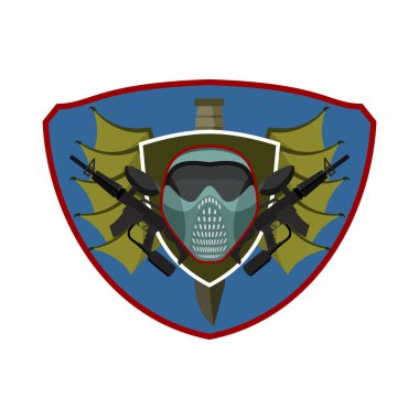 Paintball logosunu görmeniz gerekir. Askeri amblemi. Ordu işareti. Kask ve silah. 