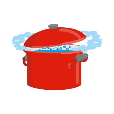 Su izole kırmızı tavayla. Yemek pişirmek için mutfak gereçleri
