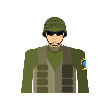Asker portre. Askeri koruyucu kask ve yelek.