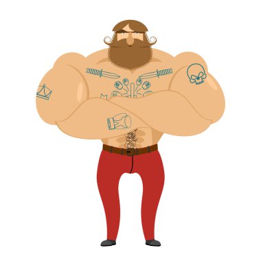 Hipster sakal ve dövmeler. Bıyıklı acımasız adam. Güçlü kas