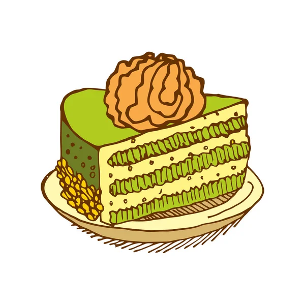 Un morceau de gâteau dans l'assiette. tarte isolée. Dessert sur fond blanc — Image vectorielle