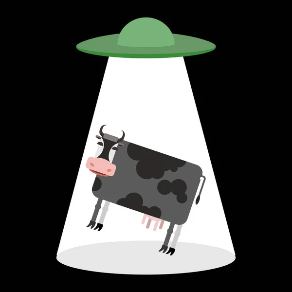 OVNI et vache. Les aliens enlèvent du bétail. Frisbee et animaux de ferme — Image vectorielle