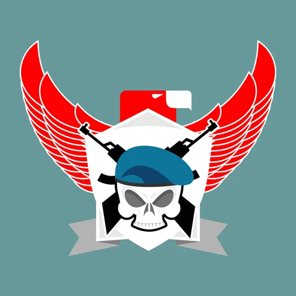 Vojenský znak lebka v baretu. Křídla a zbraně. Armádní logo. S — Stockový vektor
