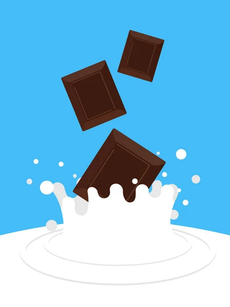 Chocolate cayendo en la leche. Spray blanco. Postres lácteos dulces — Vector de stock