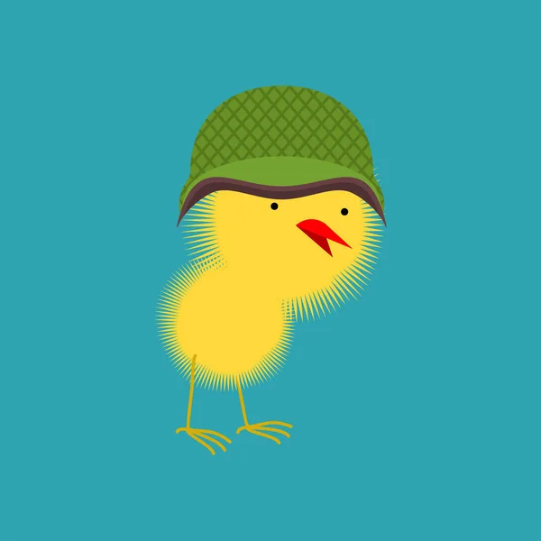 Chick in militaire helm. Kleine kip. boerderij geel vogeltje — Stockvector