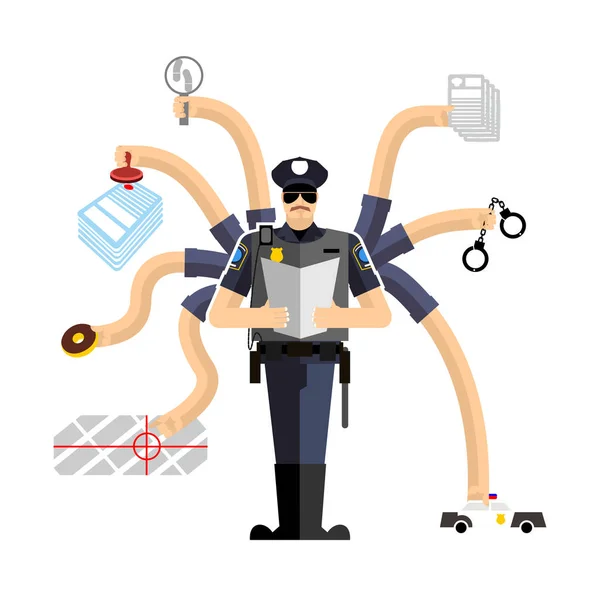 Trabajo policial. Oficial de guardia. Detención de criminales. Esposas. — Vector de stock