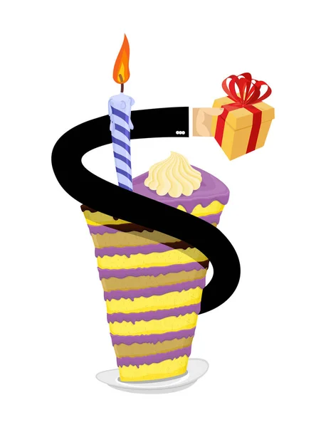 Un pedazo de pastel de cumpleaños y una vela. Mano dar regalo. Grandes dulces. . — Vector de stock