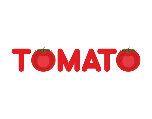 Tomat text logotyp. Bokstäver av grönsaker. Bokstäver och skiva — Stock vektor