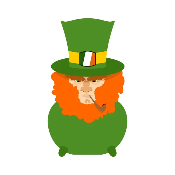 Leprechaun com barba vermelha na panela. Personagem do Dia de St. Patricks. Ir. — Vetor de Stock