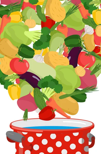 Verduras en cacerola. Hervir la sopa de verduras. Comida vegetariana. Co — Vector de stock