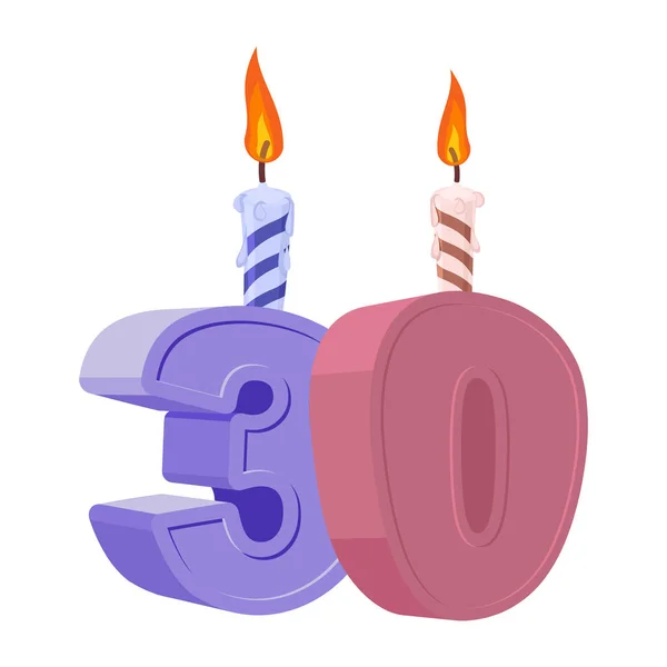 30 años de cumpleaños. Número con vela festiva para pastel de vacaciones . — Vector de stock