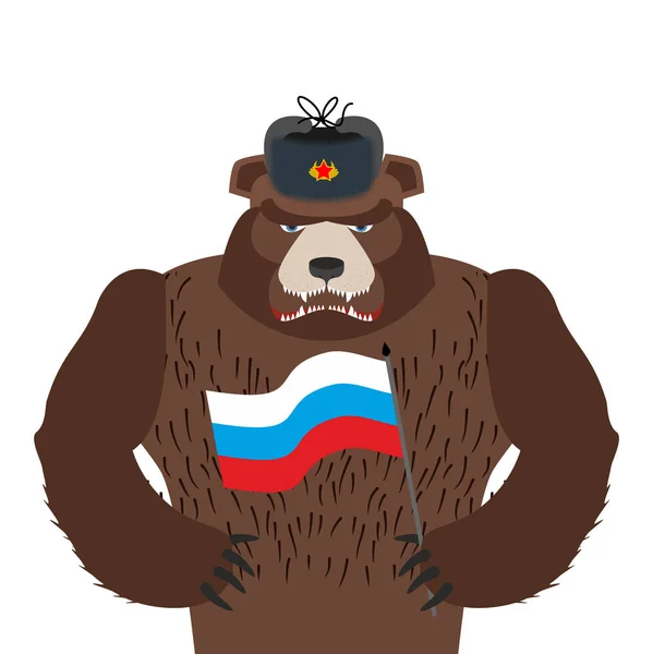 Oso en sombrero de piel aislado. Animal salvaje y bandera rusa. Bestia dentro. — Archivo Imágenes Vectoriales