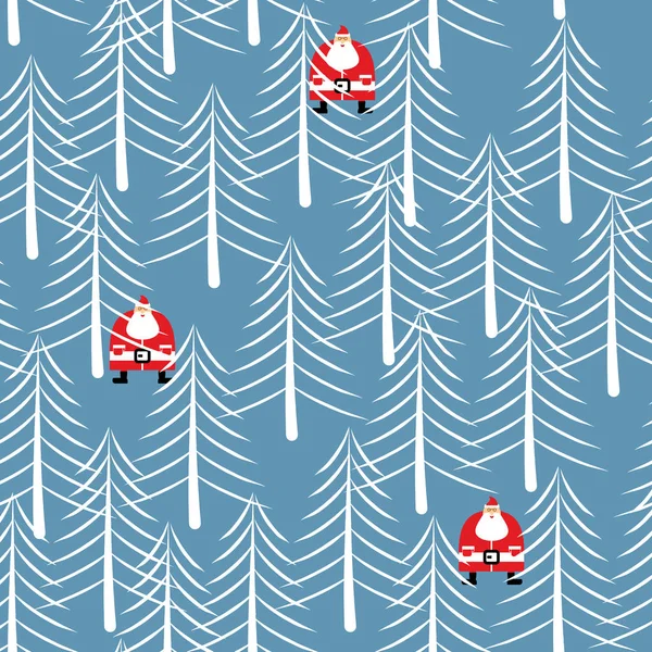 Noel Baba'ya orman seamless modeli. Beyaz ağaçlar kış textu — Stok Vektör