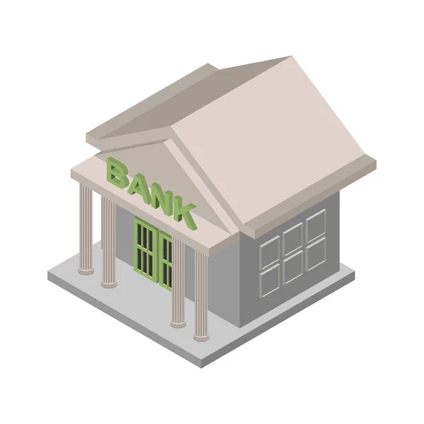 Τράπεζα κτίριο ισομετρική απομονωμένη. Οικονομική κατασκευή σε λευκό ΒΑ — Διανυσματικό Αρχείο