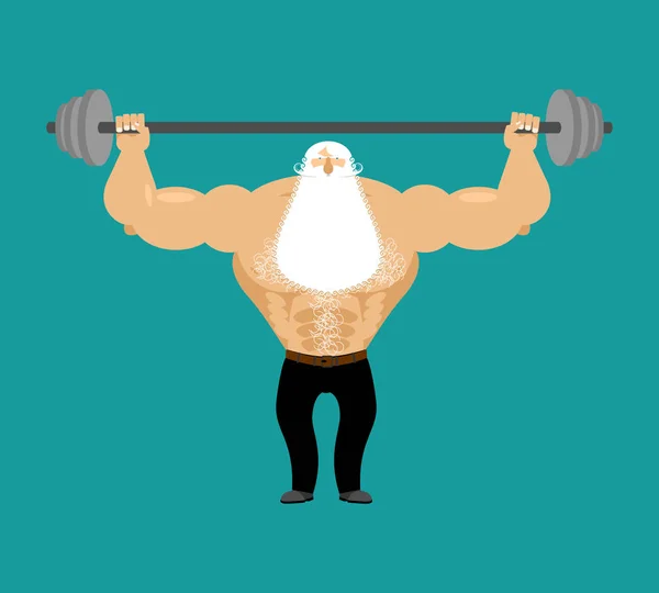 Senior Man athlete and barbell. Strong grandfather fitness. Old — Stock Vector