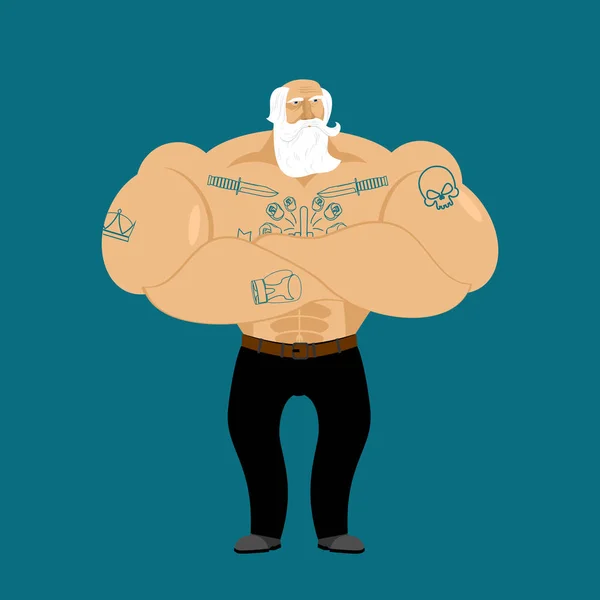 Abuelo con tatuaje. Pensionista Hipster. moda fuerte viejo ma — Vector de stock