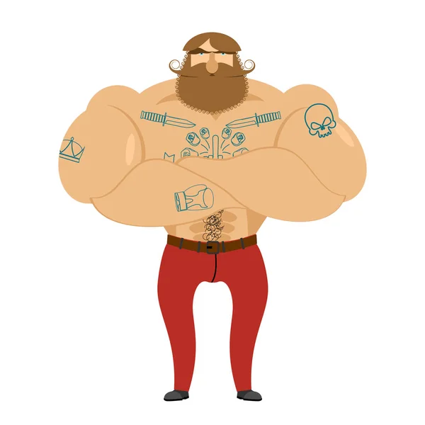Hipster beard and tattoos. Mustachioed brutal man. Strong muscle — Stock Vector
