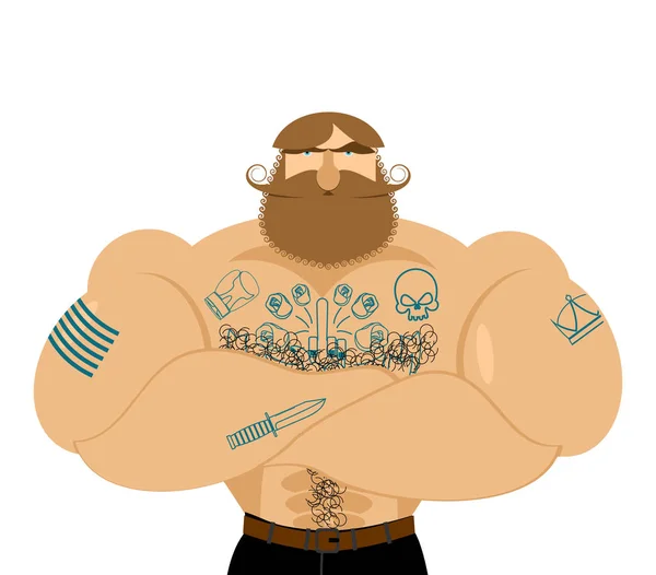 Hipster beard and tattoos. Mustachioed brutal man. Strong muscle — Stock Vector