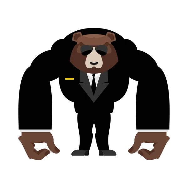 Bear bodyguard in black suit. Strong Grizzly guard — Stock Vector