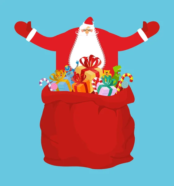 Santa i worek prezentów. Boże Narodzenie czerwony worek. Zabawki i słodycze dla — Wektor stockowy