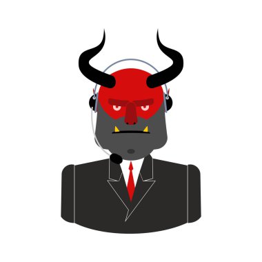 Cehennem çağrı merkezi. Şeytan kulaklık ile. Şeytan geri bildirim işleç Cu