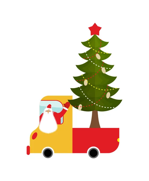 Santa Claus in truck with tree. Holiday car. New Year Machine — Stock Vector