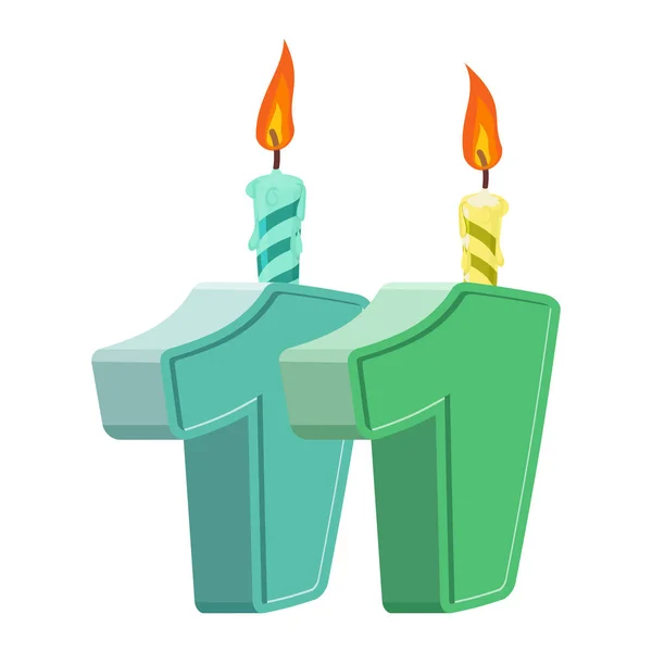 11 éves születésnapját. Számos ünnepi gyertyát az ünnep torta. — Stock Vector