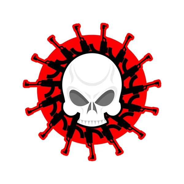 Calavera y armas. Cabeza de esqueleto y rifles. Un emblema militar. Ar. — Vector de stock