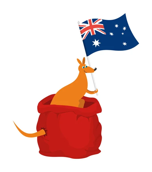 Bolsa de Santa y canguro con bandera de Australia. Animal australiano. N — Vector de stock