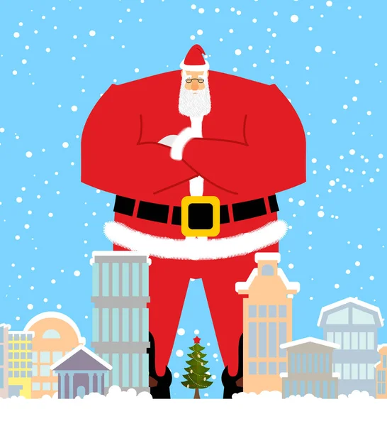 Santa Claus in city. Christmas in town. Snow and buildings. High — Stock Vector