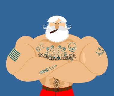 Hipster Santa dövmeli. Güçlü adam sakal ve bıyık. 