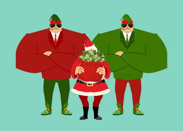 圣诞老人和袋钱。小精灵克劳斯保镖。圣诞礼物 cas — 图库矢量图片