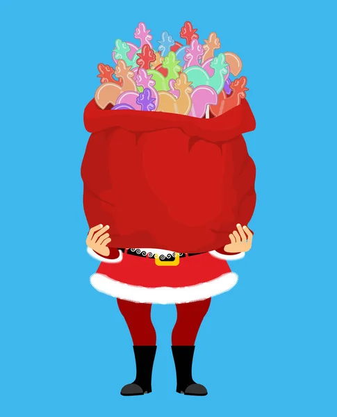 Santa Claus y una bolsa de caramelos Cockerel. Saco de Navidad y lollip — Vector de stock