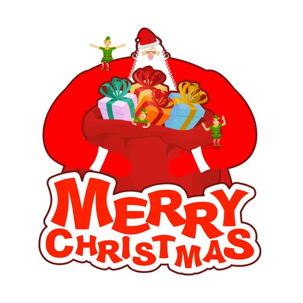 Frohe Weihnachten. Weihnachtsmann mit Tasche und Elfenhelfer. Neujahrsbi — Stockvektor