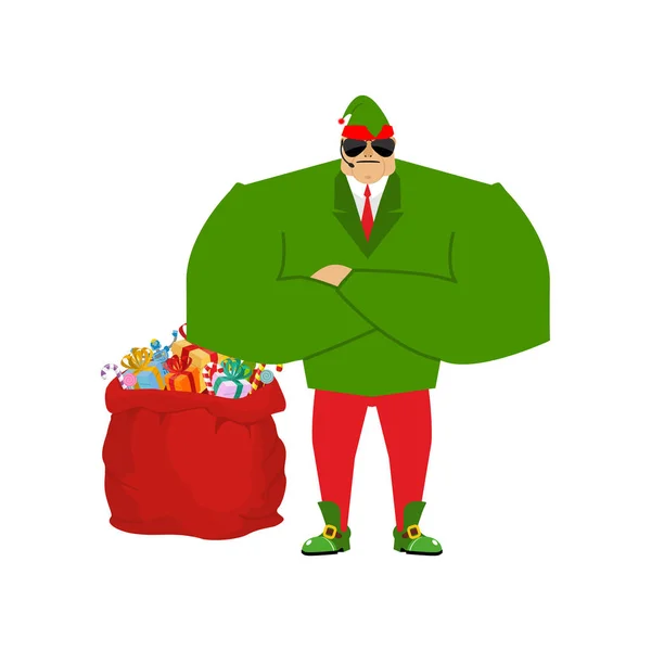 Santa elfo y bolsa roja. Guardaespaldas de Claus. Guardias de Navidad. Prote. — Vector de stock