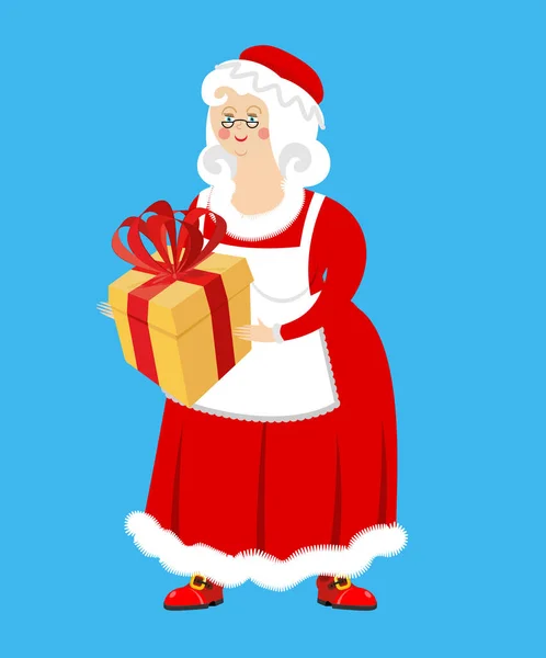 Mrs. Claus and gift. Wife of Santa Claus and box. Christmas woma — Stock Vector