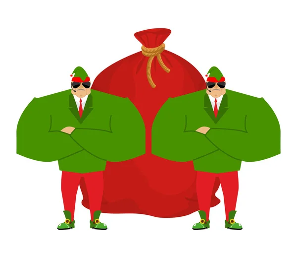 Weihnachtsmann Elfe und rote Tasche. claus Bodyguards. Weihnachtswachen. Print — Stockvektor