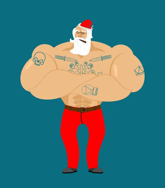 Hipster Mikołaj z tatuażami. Strong Santa z broda i wąsy — Wektor stockowy