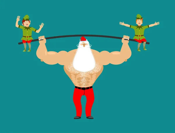 Ισχυρή Santa ανελκυστήρα barbell με ξωτικά. βαρύτητας elf Αρσης Βαρών σε πάγκο. — Διανυσματικό Αρχείο